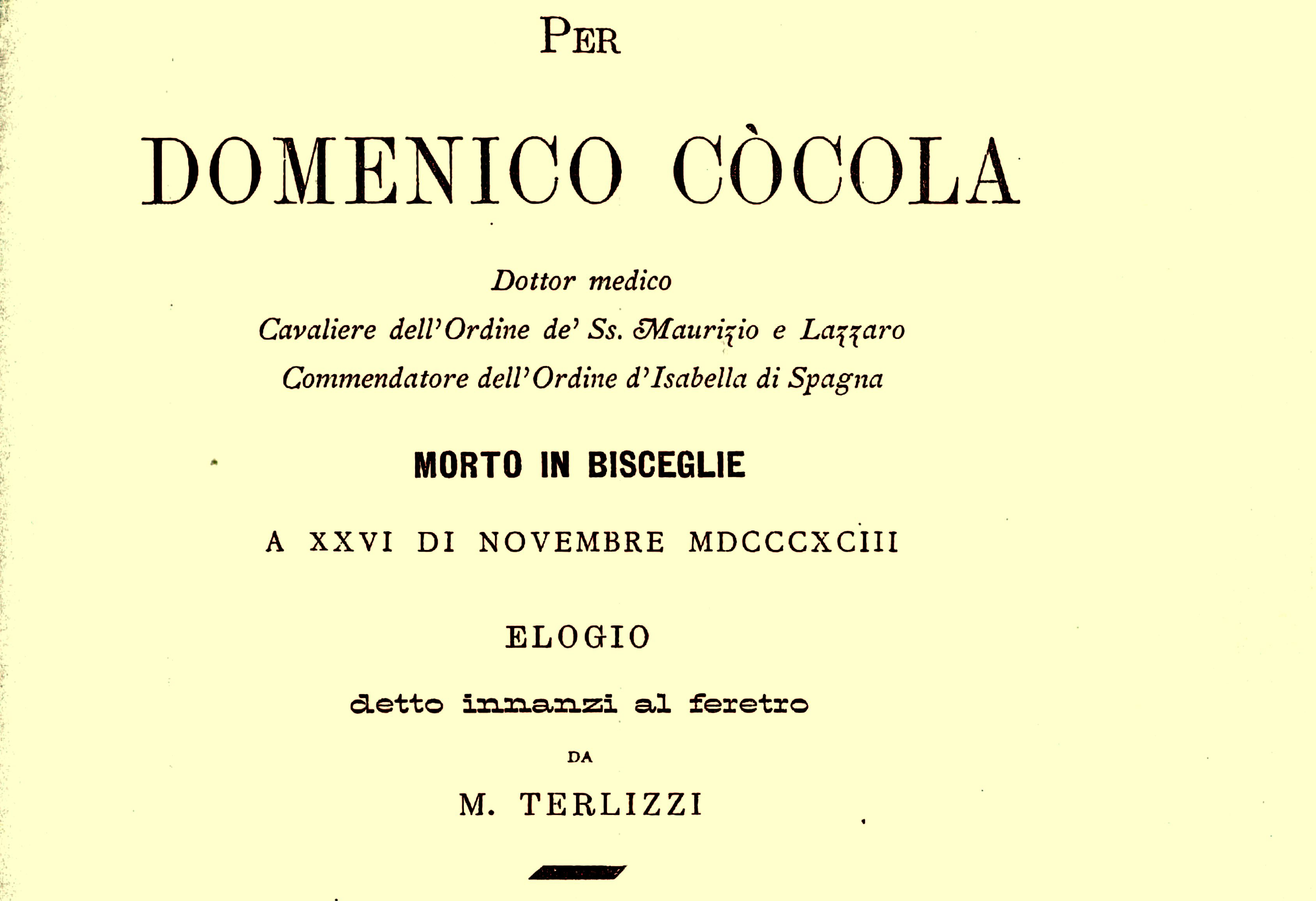 Elogio funebre per il Dott. Cocola, anno 1893